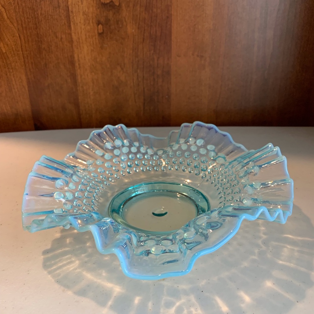 Vintage Fenton Blue Opalescent Hobnail Ruffle Edge Bowl Candy Dish